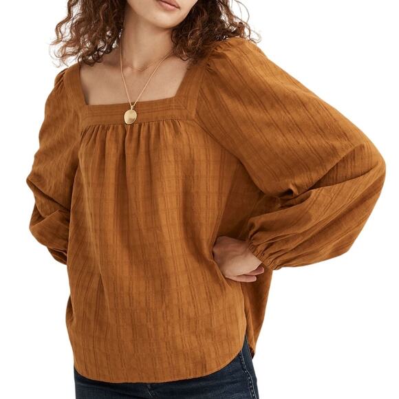 Madewell Tops - Madewell Lightweight Cotton Square Neck Bubble Sleeve Top in Antique Gold Plaid